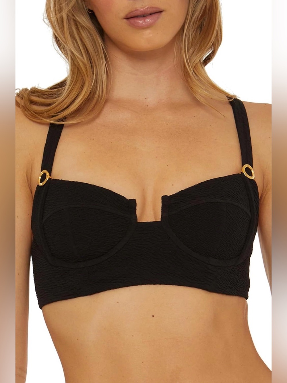 Trina Turk Black Textured Balconette Bra with Gold Ring Accents
